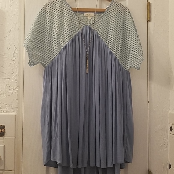 VELZERA Mixed Fabric Boho Babydoll Tunic Mini Dress Blue Medium NWT - Picture 6 of 12